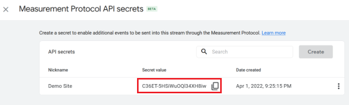easurement protocol API secret